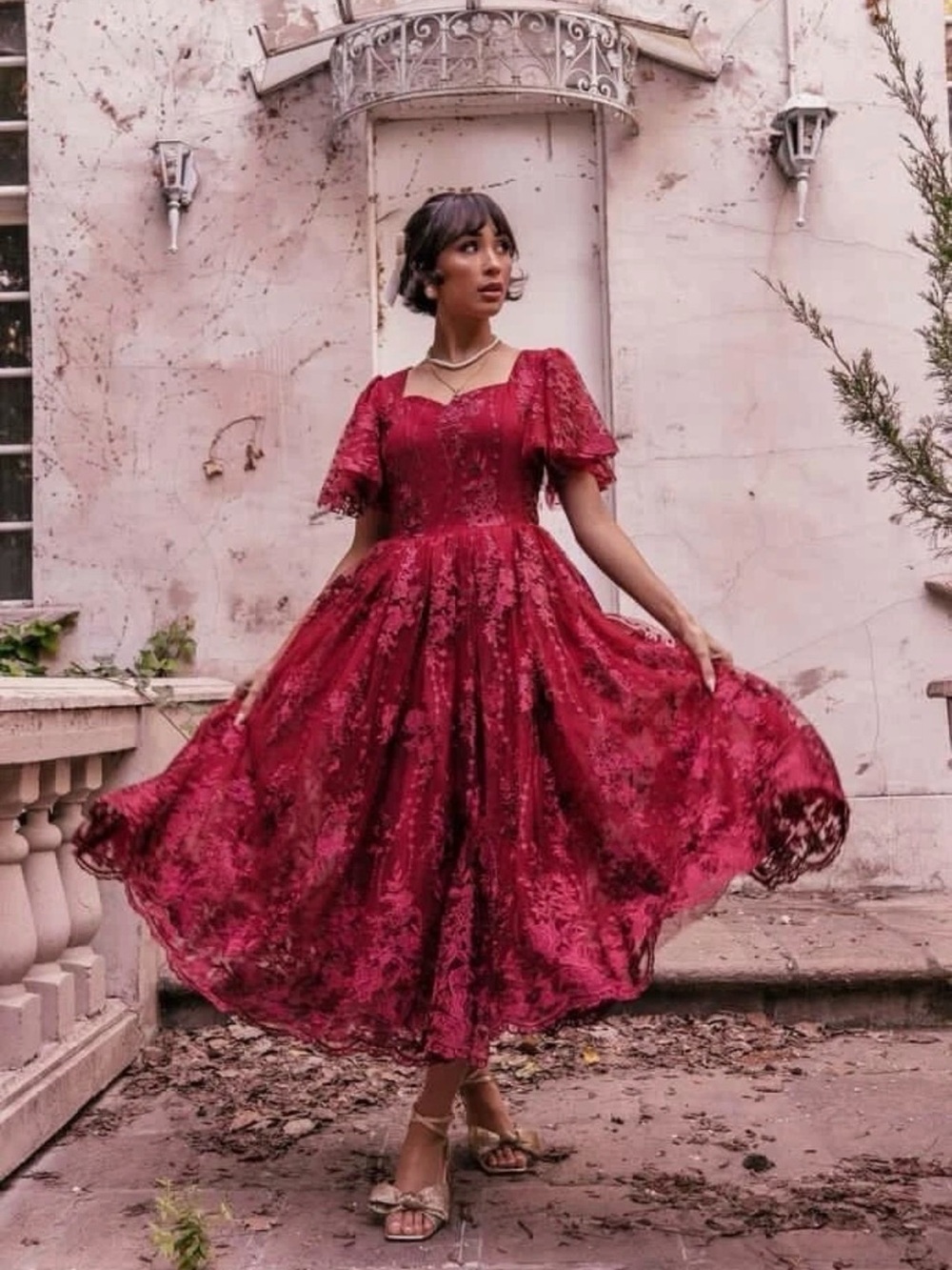 NEW JessaKae Victorian Magenta Floral Lace Party Dress embroidered